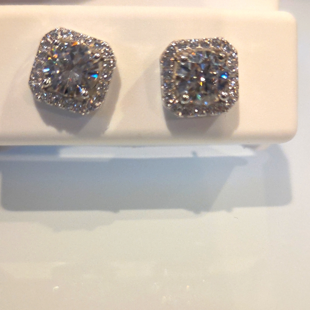Moissanite Silver Stud Earrings - Picture 2 of 3